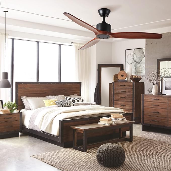 52 inch 3 blade Wood ceiling fan without light, Noiseless Reversible DC Motor Walnut Ceiling Fan Without Light for Farmhouse Patio Living Room Bedroom, Indoor Outdoor Ceiling Fan with Remote