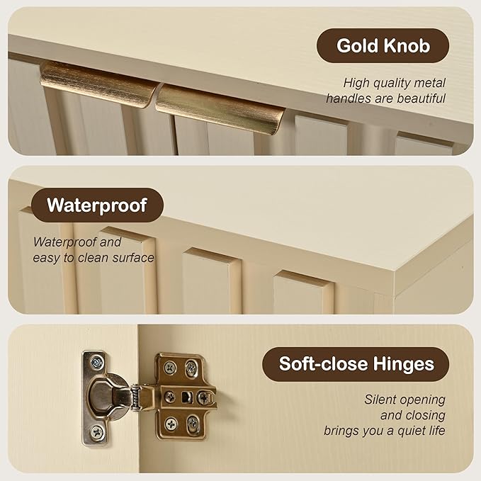 Fluted Sideboard with Storage, Buffet Cabinet Sideborad with Door, Kitchen Buffet Storage Accent Cabinets with Adjustable Shelves for Living Room, Entry, Hallway, Beige