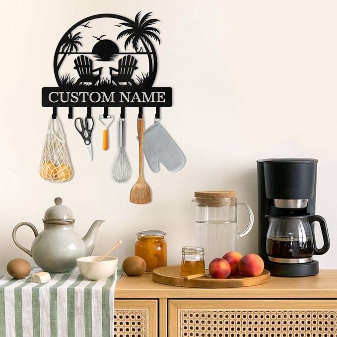 Personalized Key Holder for Wall, Beach Theme Key Holder Wall Mount with Hooks, Coconut Trees Key Hanger Wall Decor for Pool Bathroom Hallway Entryway Office, Customized Home Decor Gifts Color06