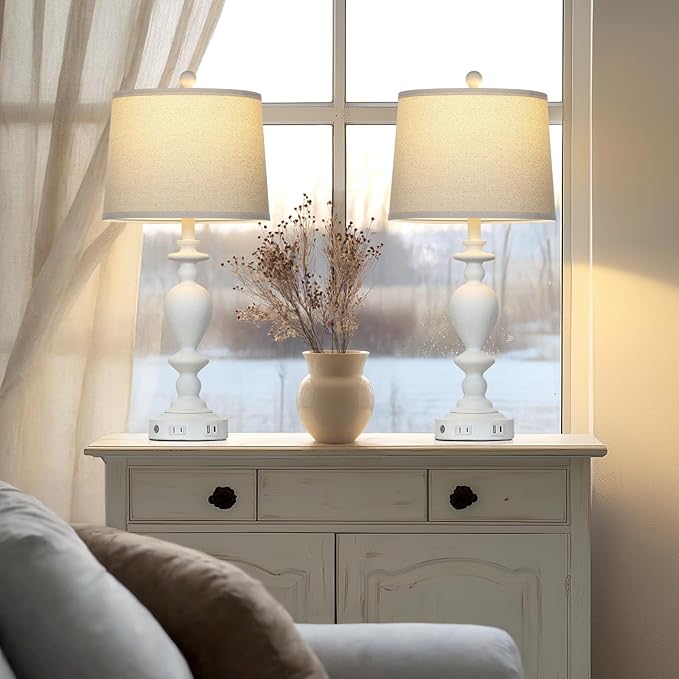 28" White Farmhouse Table Lamps Set of 2 with USB C+A Ports & AC Outlet for Vintage Living Room Rustic Bedroom,3-Way Dimmable Touch Lamp Retro Resin Bedside Lamps for Nightstand Side Table