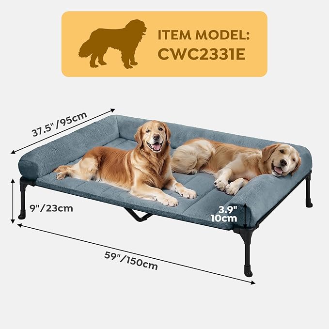 Veehoo Cooling Elevated Dog Bed with Fluffy Plush Bolster Cushion, Indoor Raised Dog Beds for Large Dogs, Soft Pet Sofa Cot with Removable Washable Mat, No-Slip Feet, 59 x 37 inches, Haze Blue