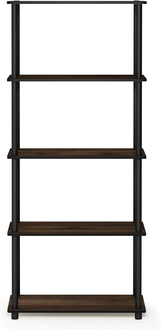 Furinno TURN-N-TUBE Storage Shelves, 5-Tier Book Shelf, Corner Shelf, Toolless Open Shelves, for Organization and Storage, Living Room, Garage, Home Office, Columbia Walnut