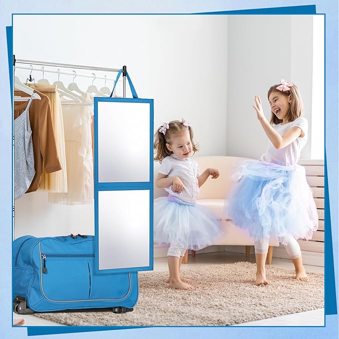 Foldable Portable Full Length Mirror for Dorm Dance Backstage Camping Travel Hanging Folding Makeup Body Mirror for Dancers Artists Home Aestheticians Spa(Blue,33.5" X 13.4")