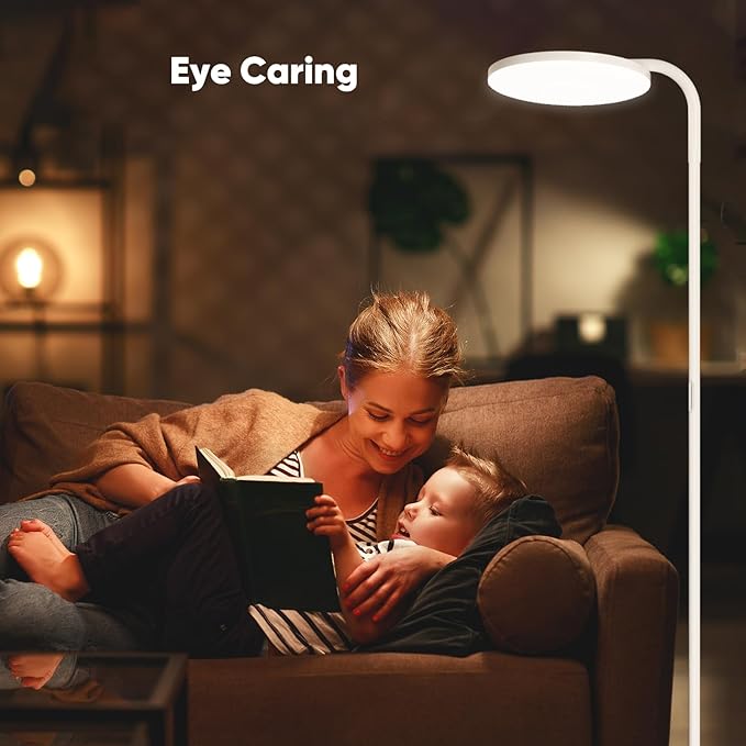 36W LED Floor Lamp, Super Bright Standing Lamp, Modern Stepless Dimmable Torchiere Tall Lamp with Remote Control, 350°Rotating Head Reading Floor Lamp for Living Room, Bedroom, Office - White