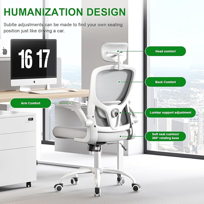 Ergonomic Chair for Office- Study Chair,300lb Gaming Chair, Mesh Comfortable High Back Chair, Headrest, Lumbar Support, Armrest, Comfy Seat for Man Woman(White-Grey6076)