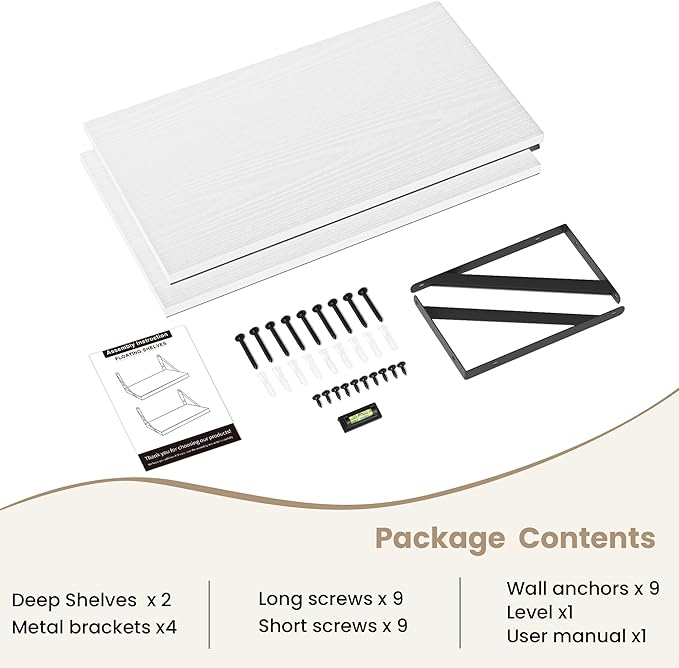 Dreamland Deep Floating Shelves for Wall, White Wood Wall Mounted Shelves, Large Floating Shelf 12 * 24 inchSet of 2 for Bookshelf Living Room Bedroom Home Office Bathroom