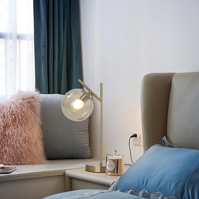 Mid Century Modern Table Lamp, Gold Globe Nightstand Lamp with Cognacs Glass Shade, Metal Brass Desk Lamp for Bedroom Living Room Study Room