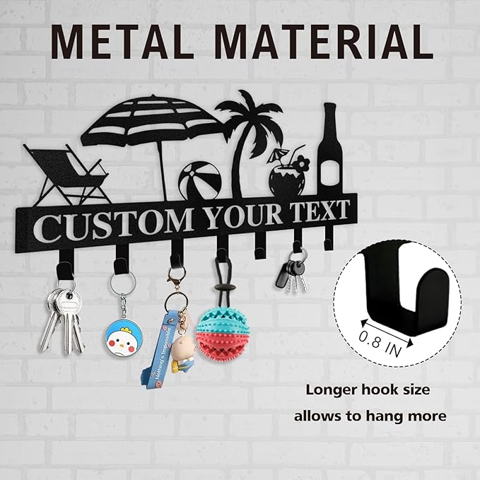 Personalized Key Holder for Wall - Beach Theme Key Holder Wall Mounted, Metal Coat Rack Hook Organizer, Key Rack Wall Hanging for Living Room, Bathroom, Entryway, Home Decor Housewarming Gifts