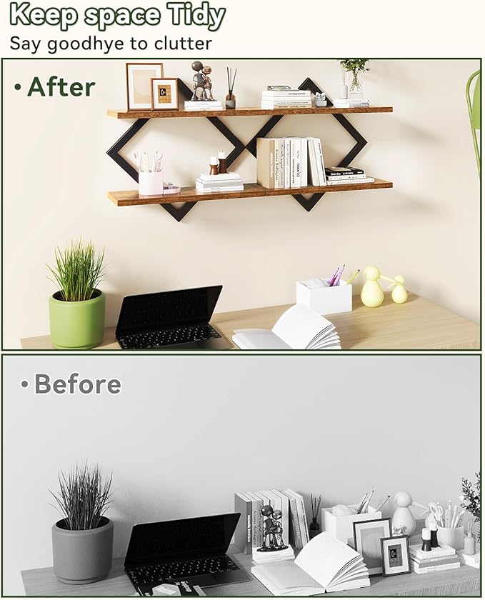 IBUYKE Floating Shelves,15 Inch Wall Shelf Set of 2,Wall Mounted Shelves,2 Tier Hanging Decorative Storage Shelf for Living Room, Bedroom, Bathroom, Kitchen TFS003H-2