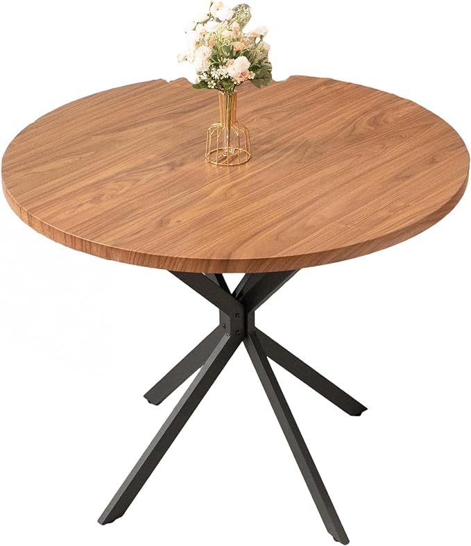 Round Dining Table, 39 Inch Modern Round Walnut Dining Table with Black X Base, Kitchen Leisure Table for 4-5 People Small Space Dining Room, Apartment, Kitchen