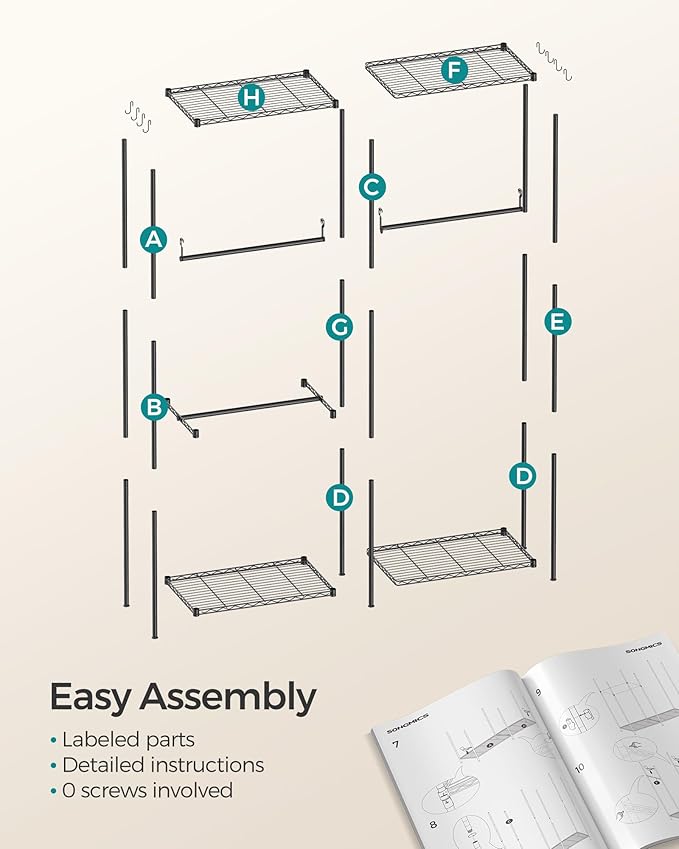 SONGMICS Clothes Rack, Freestanding Wardrobe Closet, Metal Clothing Racks, Heavy-Duty Garment Rack with Adjustable Shelves, Hanging Rods, Dividable, 15.8 x 47.2 x 70.9 Inches, Ink Black ULGR423B01