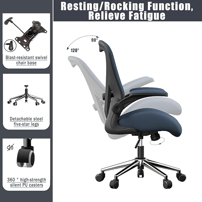 Blue Ergonomic Office Desk Chair, Soft Fabric Thickened Curved seat Cushion with Adjustable Lumbar Support, Perfect Blend of Comfort and Good Looks, Ideal Chair for Home or Office, Navy Blue