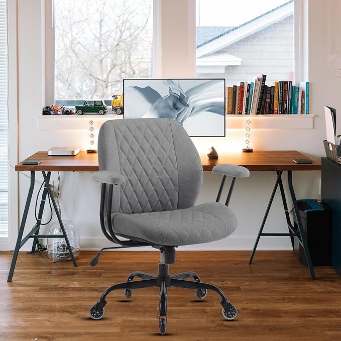 YFO Modern Ergonomic Office Desk Chair, Grey Leather with Lumbar Support, Adjustable Height, Swivel, Armrests, for Office, Gaming, Reading, Relaxing