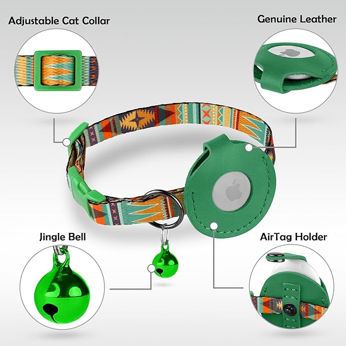 Airtag Cat Collar with Bell - Non Breakaway Soft Pet Collar with Leather Air Tag Holder - Adjustable GPS Anti-Lost Collars for Girl Boy Cats Kitten Puppies, Lightweight and Patterned (Mexican Green)