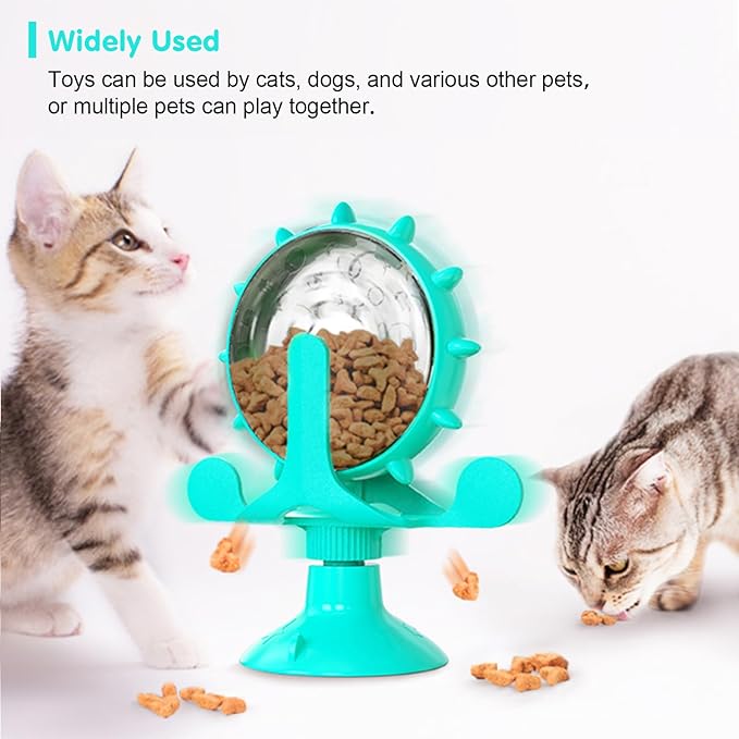 Cat Dog Treat Dispenser Toy - Cat Interactive Feeder Pet Food Toys Feeder 360° Degree Rotating Food Leakage Device Rotate with Strong Suction Cup Money Wheel Shape (Lake Blue)