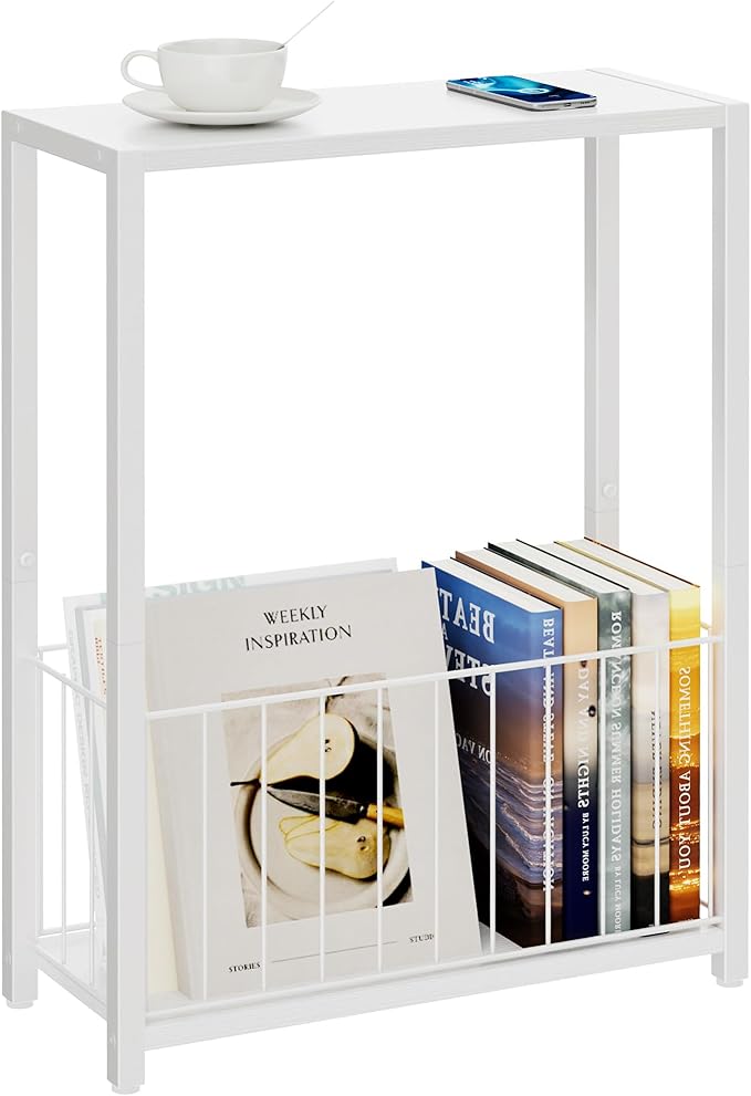 Narrow Side Table with Magazine Holder, Skinny End Table Perfect for Small Spaces, Space-Saving Design for Living Room, Bedroom, or Office, 7.1" D x 16.9" W x 23.6" H, White