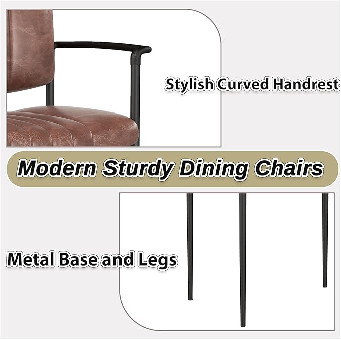 Mid-Century Modern PU Leather Dining Chairs Set of 6, Upholstered Kitchen Chairs with Arms and Metal Legs Adjustable Feet for Kitchen Dining Room(Brown)