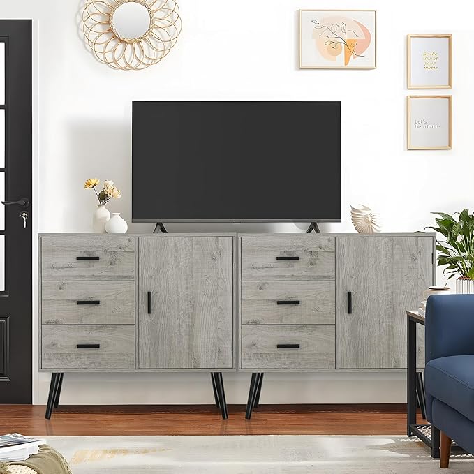 Iwell Storage Cabinet with 3 Drawers & Adjustable Shelf, Sideboard Buffet Cabinet, Small Freestanding Floor Storage Unit, for Living Room, Home Office, Rustic Grey