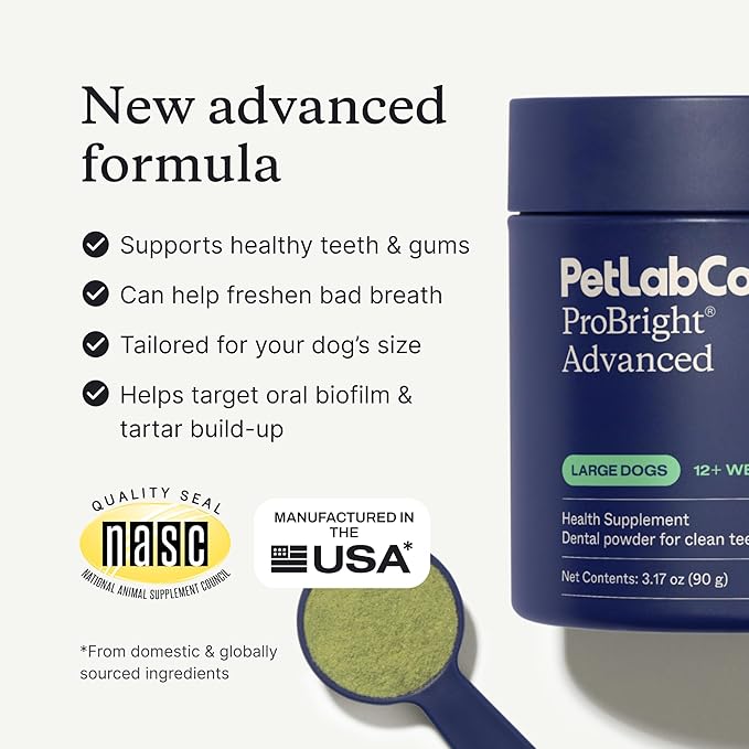 PetLab Co. ProBright Advanced Dental Powder - Dog Breath Freshener - Teeth Cleaning Made Easy – Targets Tartar & Bad Breath - Packaging May Vary - Formulated for Large Dogs