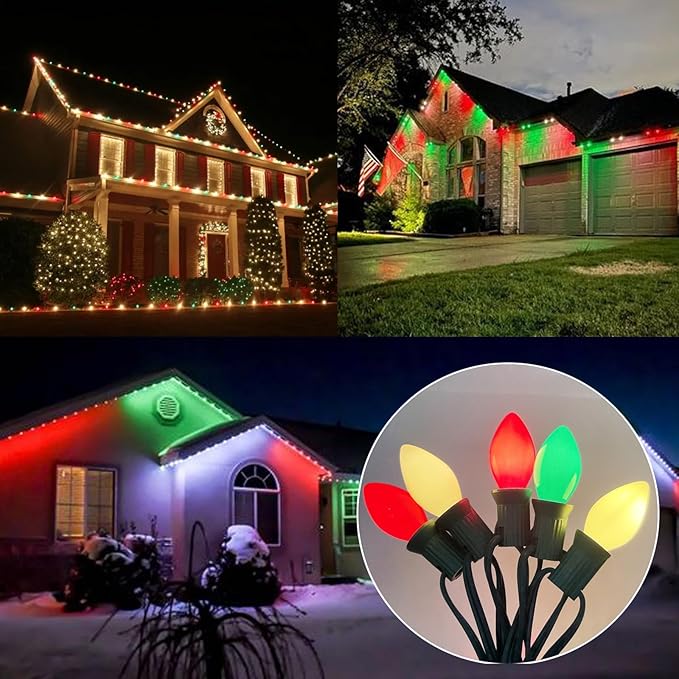 SUNSGNE C7 Christmas String Lights 25 Feet Outdoor String Lights with 27 5W Red Green White Glass Light Bulbs(2 Spare) for Backyard Patio Garden Xmas Decor, Green Wire