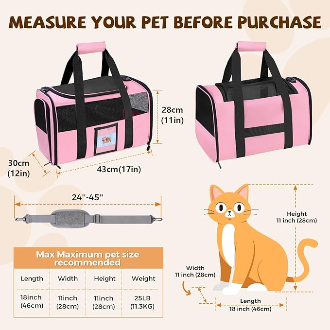 Pet Carrier 17Lx12Wx11H inches, Airline Approved,Pet Travel Carrier Bag for Small Cats and Dogs, Soft Dog Carrier for 1-25 LBS Pets,Dog Cat Carrier with Safety Lock Zipper (Pink)
