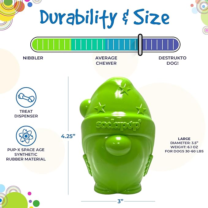 SodaPup Gnome – Durable Dog Treat Dispenser & Chew Toy Made in USA from Non-Toxic, Pet Safe, Food Safe Rubber Material for Mental Stimulation, Problem Chewing, Calming Nerves, & More