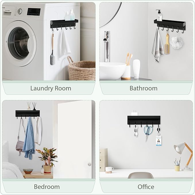 Magnetic Key Holder Wall Mount, Small Metal Key Rack with Tray, 9.6 Inch, 6 Hooks, 2 Installation Options, Black