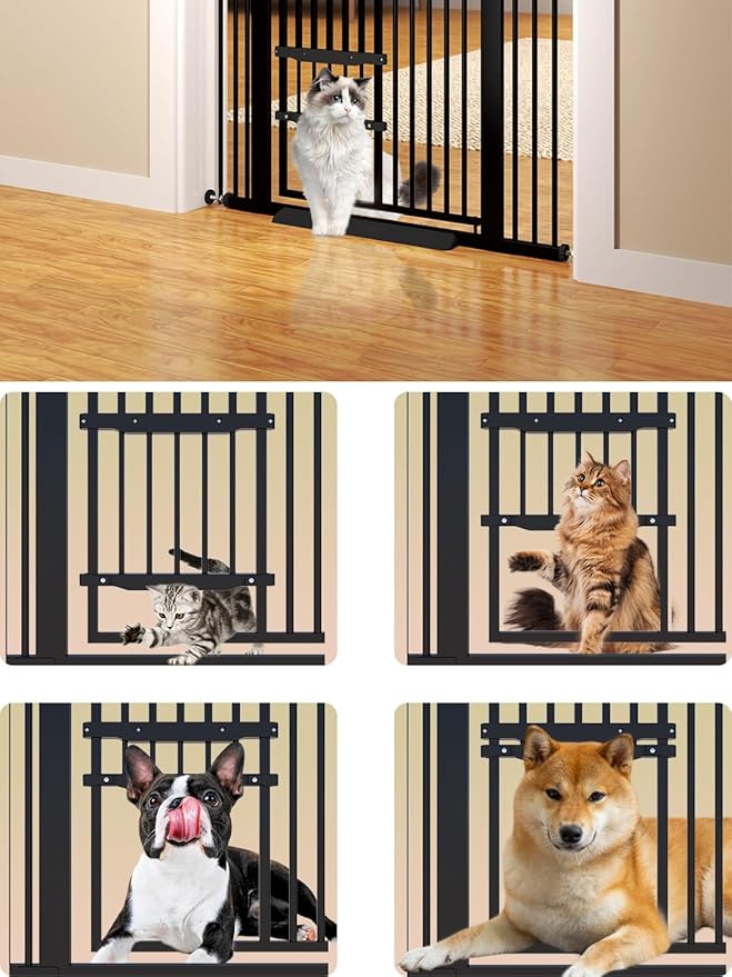 55.11" Extra Tall Pet Gate With Small Cat Door - 29.5-40.6 Wide, No Drilling Pressure Mount Kit for Cats and Dogs, Indoor Doorways, Living Room, Bedroom - Black