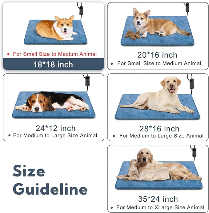 Heated Cat Bed, Adjustable Temperature Dog Cat Heating Pad with 6 Temp & 5 Timer, Pet Heating Pad for Cats Dogs with Chew Resistant Cord, Electric Dog with Washable Cover 18X18