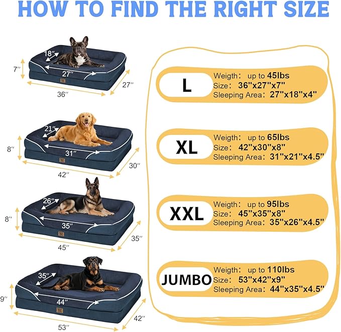 Washable Orthopedic Large Dog Bed - Extra Large Dog Bed with Bolsters Removable Orthopedic Foam Support Dogs Beds for XL Large Size Pet with Waterproof Cover Non-Slip Bottom