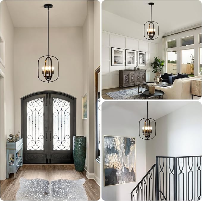 Black Chandelier Light Fixture, 4-Light Dining Room Chandelier Over Table Farmhouse Rustic Small Entryway Chandeliers Hanging Island Pendant Lights for Kitchen Entryway Foyer Living Room