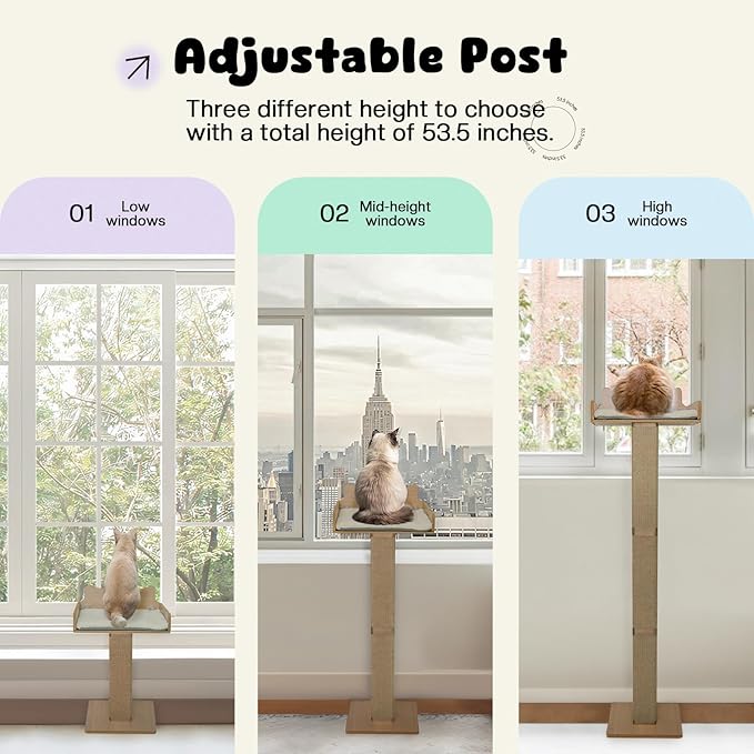 Cat Window Perch with Thick Sisal Scratching Post, Cat Hammock for Window, 53.5" Adjustable Tall Cats Scratching Post with 2 Upgrade Suction Cups, Cats Window Bed with Fuffy Cushion, Jute