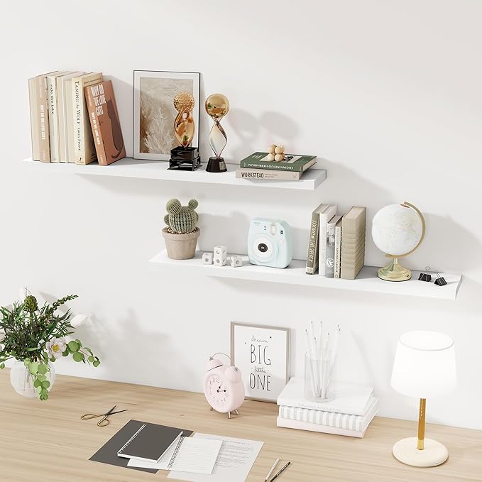 Fun Memories Floating Shelves for Wall, 40 Inch Floating Shelves for Home Decor, Wall Mounted Rustic Wood Shelves, Bathroom, Hanging Deep Shelf for Bedroom, Living Room, Kitchen (White, Set of 2)