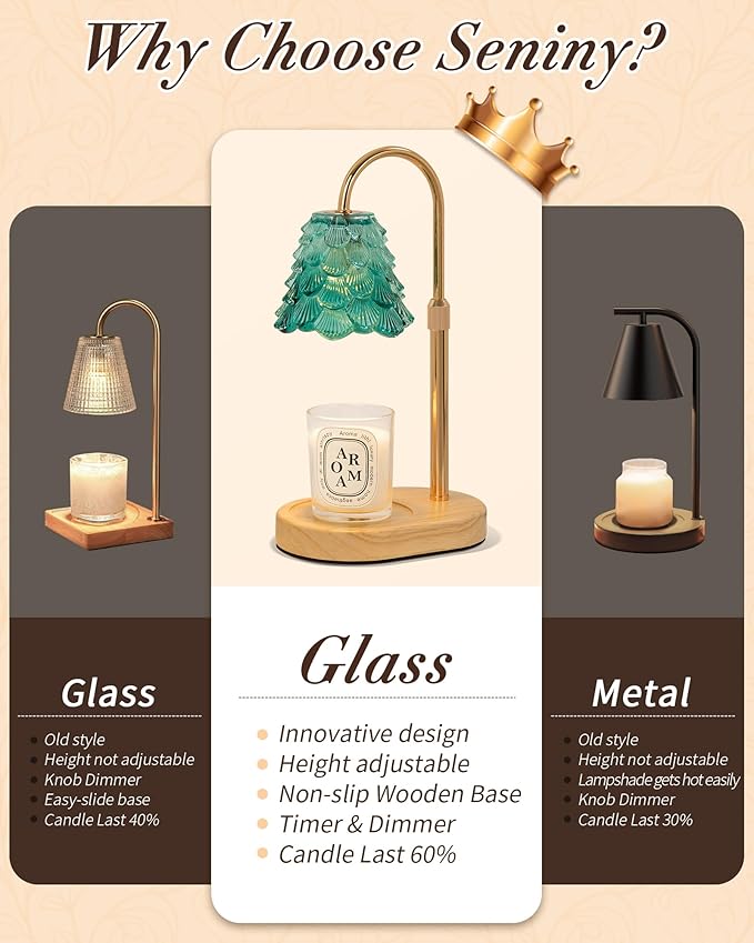 Seniny Electric Candle Warmer Lamp - with Time Dimmable Adjustable Height Candle Lamp Warmer for Jar Candles,Christmas Wax Melt Wamer, Birthday Gifts for Women Mom, House Warming Gifts New Home Decor