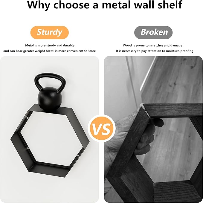 Gonice Black Metal Hexagon Floating Shelves Set of 6 Honeycomb Shelves Home Decor Wall Shelf for Living Room Bedroom Office