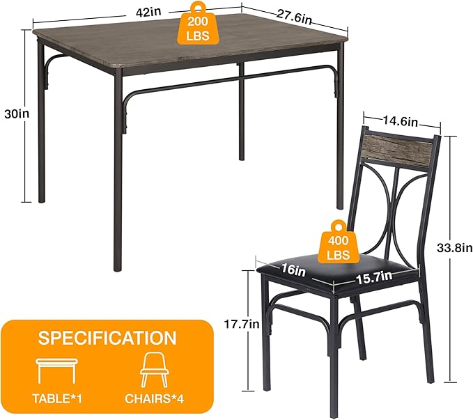 VECELO Dining Table Set for 4, Kitchen Table Set with 4 Chairs for Small Space, Space-Saving and Modern Design, Apartment, Easy to Assemble,Classic Brown