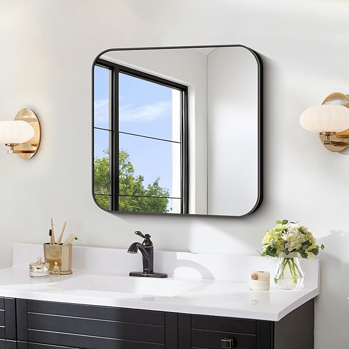 FORBATH Bathroom Mirror for Over Sink 24x24 Inch Black, Square Wall Mirror with Metal Frame, Rounded Corners for Bathroom, Bedroom, Entryway Décor