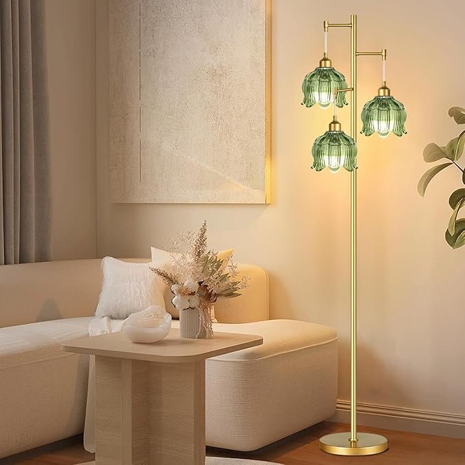 Vintage Floor Lamps for Living Room Bedroom-3 Light Gold Floor Lamp with Glass Lampshape, Flower Green Tall Lamp Mid Century Modern Standing Lamp Tree Floor Lamp for Bedroom Living Room Corner