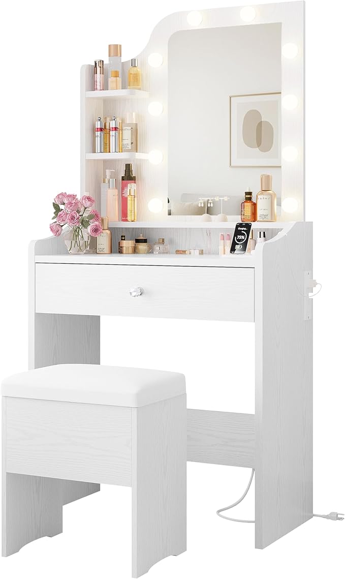 LIKIMIO Small Makeup Vanity Desk with Mirror and Lights, Vanity Table Set with Storage Stool, Makeup Drawer Organizer, Power Outlet, 3 Color Modes Adjustable Bulb, White Vanity for Bedroom