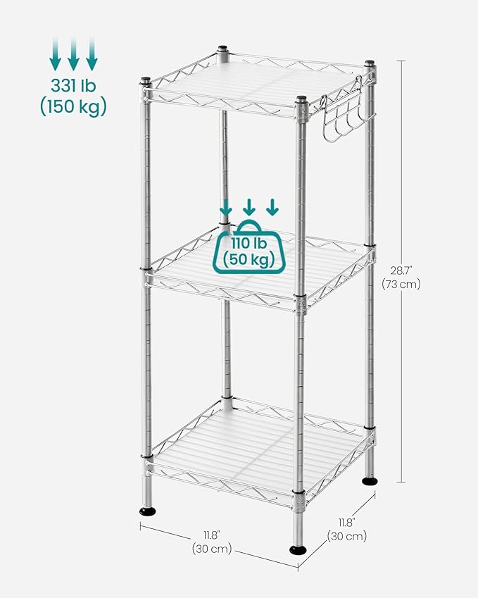 SONGMICS 3-Tier Bathroom Shelf, Storage Rack for Small Space, with 3 PP Shelf Liners, Removable Hook, Extendable Design, Silver and Translucent ULGR103E01
