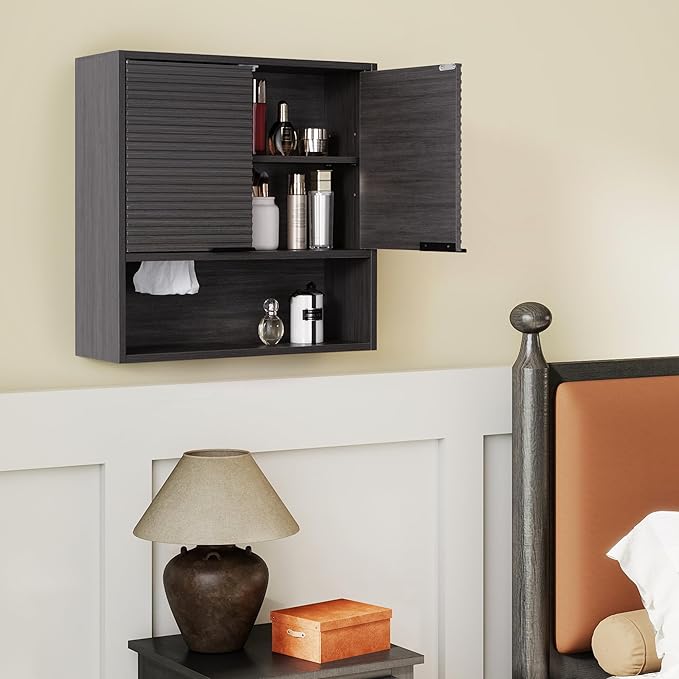 Bathroom Storage Cabinet with Motion Sensor LED Light, Wooden Medicine Cabinet Wall Mounted Cupboard with Disposable Face Towels Hole, Over Toilet Storage Cabinet and Adjustable Shelf (Grey)