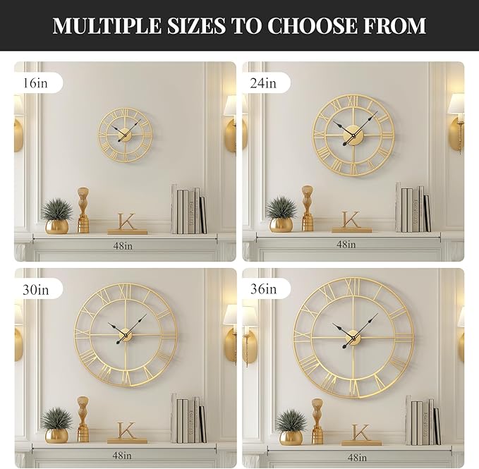 Wall Clock Large Gold Clocks 20 Inch, Silent Non-Ticking Battery-Operated Modern Metal Round Wall Clock Decorative for Living Room, Kitchen, Mantel - Roman Numerals