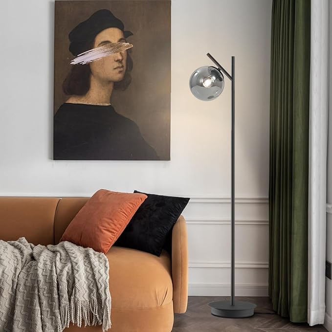 Mid Century Floor Lamp for Living Room Moderm Tall Standing Lamp with Frosted Glass Globe Shades Contemporary Brass Freestanding Lamp for Office Bedroom (Black-Smoky Gray)