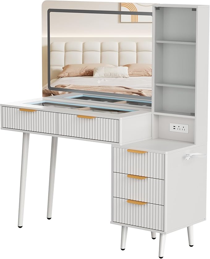 Makeup Vanity Desk with Mirror and Lights, 48" Fluted Makeup Table with Glass Top, Vanity Desk with 5 Drawers, Open Shelf & Power Outlet, Modern Dressing Table for Bedroom Living Room