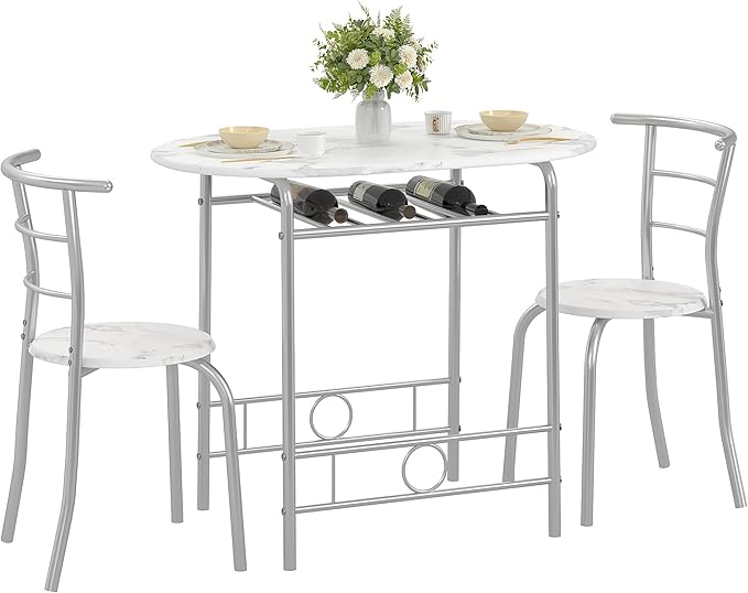 VECELO 3-Piece Dining Table Set for Kitchen Breakfast Nook, Faux Marbled Oval Tabletop and Metal Frame with Built-in Wine Rack, for Small Spaces, White & Silver