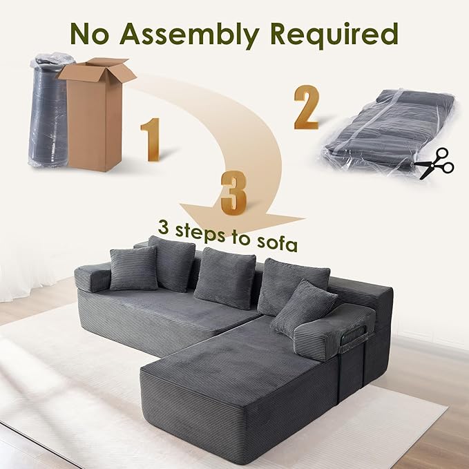 105" L-Shaped Modular Sectional Sofa with L-Shaped Boneless Couch, Cloud Couches for Living Room with Removable Arms, Convert Left/Right Facing, Plush Corduroy, No Assembly, Grey