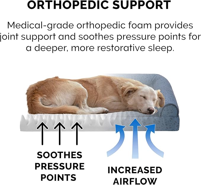 Furhaven Orthopedic Dog Bed for Medium/Small Dogs w/ Removable Bolsters & Washable Cover, For Dogs Up to 35 lbs - Plush & Almond Print L Shaped Chaise - Blue Almonds, Medium