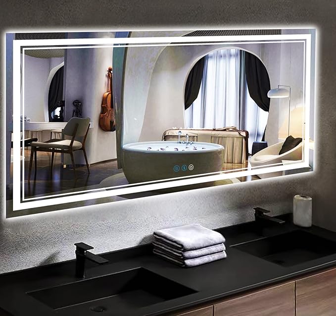 60 x 30 Inch Bathroom Lighted Vanity Mirror with Lights Large 60 Inch LED Mirror for Bathroom 3 Color Double Lights Dimmable Antifog Horizontal Vertical 60" Smart Light up Wall Mirrors
