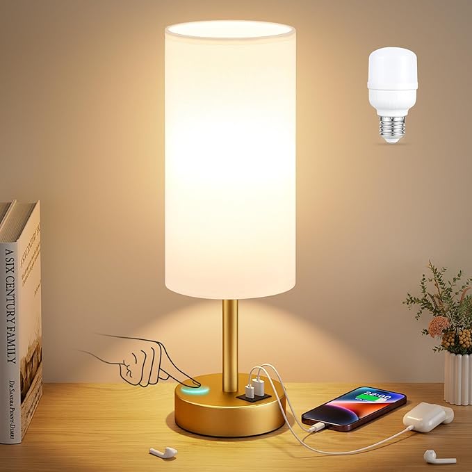Dicoool Small Touch Bedside Lamp with USB - 3 Way Dimmable Table Lamp for Bedroom, Nightstand Lamp with Gold Charging Station for Desk Dorm, Office