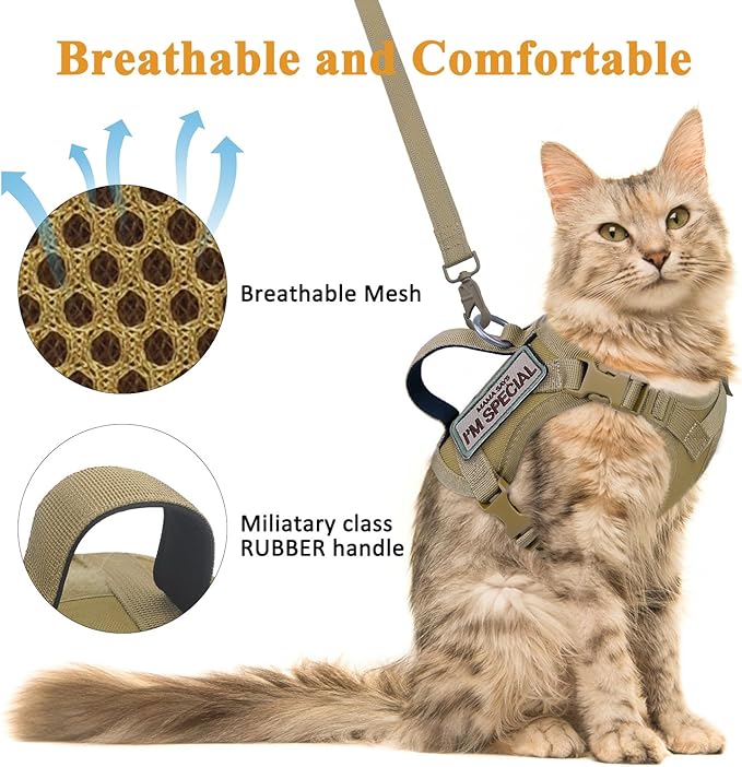 Tactical Cat Harness for Walking Escape Proof, Soft Mesh Adjustable Pet Vest Harness for Large Cat, Small Dog and Khaki (Khaki, Medium)